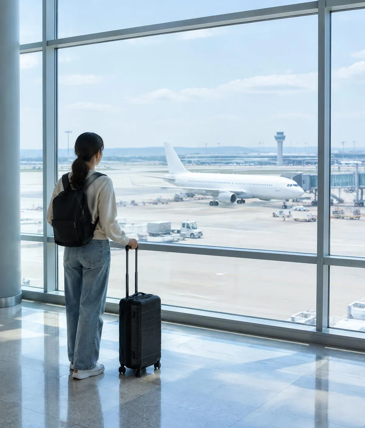 Traveler with luggage in a bright airport terminal.